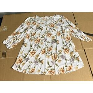 Late August‎ XL White Floral Blouse, Button Up Peasant Shirt, 3/4 Sleeve Blouse
